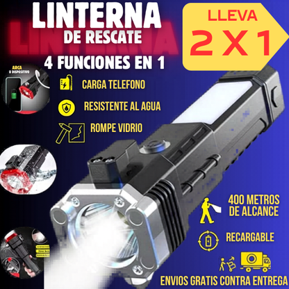 LINTERNA TÁCTICA RESCATE PROFESIONAL <br> 4 FUNCIONES EN 1<br> HOY PROMO 2X1