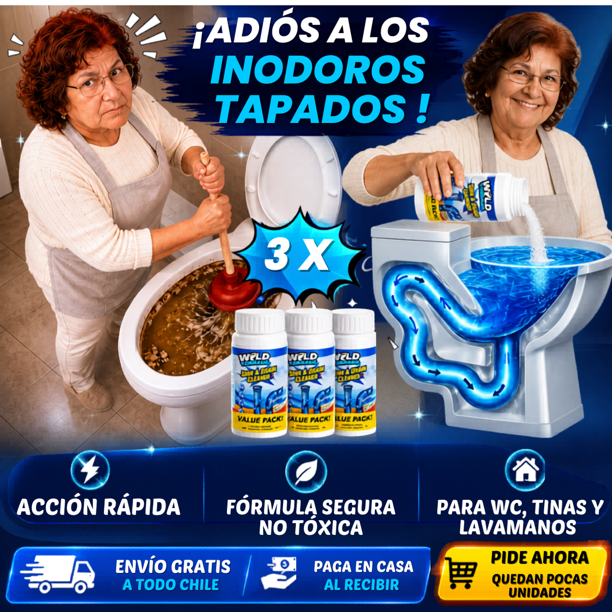 ¡DESPÍDETE DE LOS BAÑOS TAPADOS Y MALOS OLORES EN SEGUNDOS! 3 X 24.990