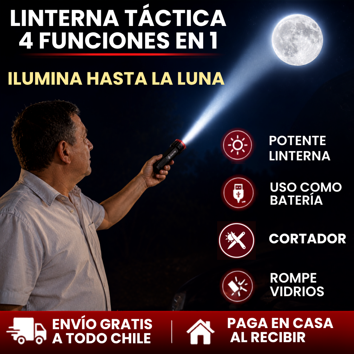 Linterna Táctica 4 en 1 Recargable - Iluminación Potente en Cualquier Situación